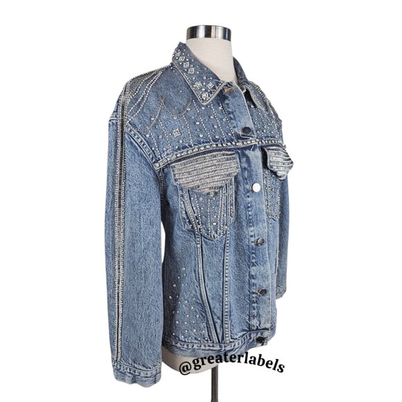 Alice + Olivia Embellished Denim Jean Jacket Crystals & Chains RARE Size M - Picture 4 of 15